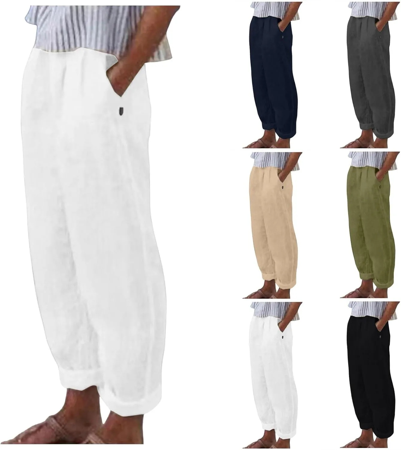 Women's Cotton Linen Pants Fashion Summer Casual Loose Elastic High Waisted Ankle Slacks Comfy Beach Trousers Pockets