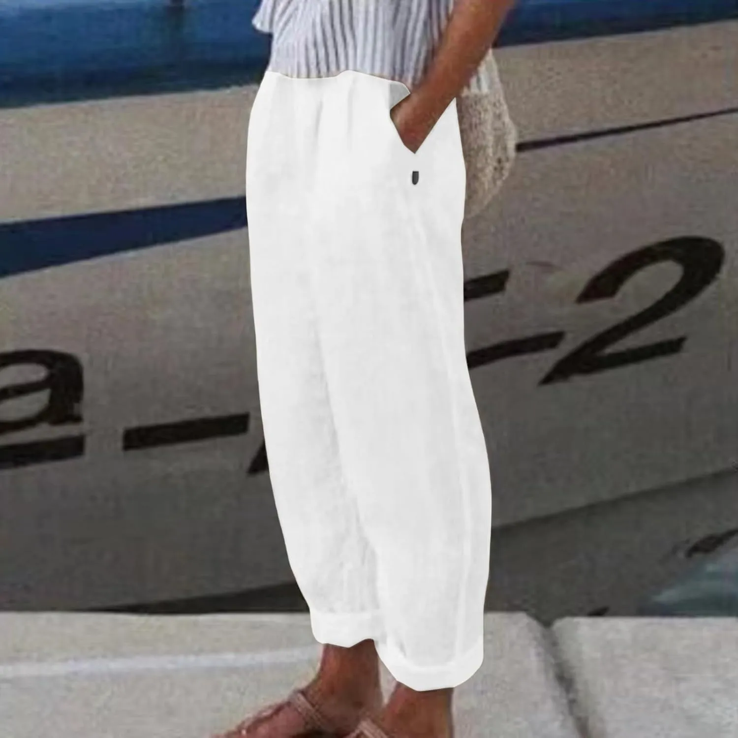 Women's Cotton Linen Pants Fashion Summer Casual Loose Elastic High Waisted Ankle Slacks Comfy Beach Trousers Pockets