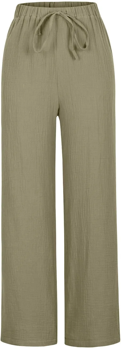Womens Cotton Linen Pants High Waisted Drawstring Wide Leg Trousers with Pockets Summer Casual Loose Pants for Women