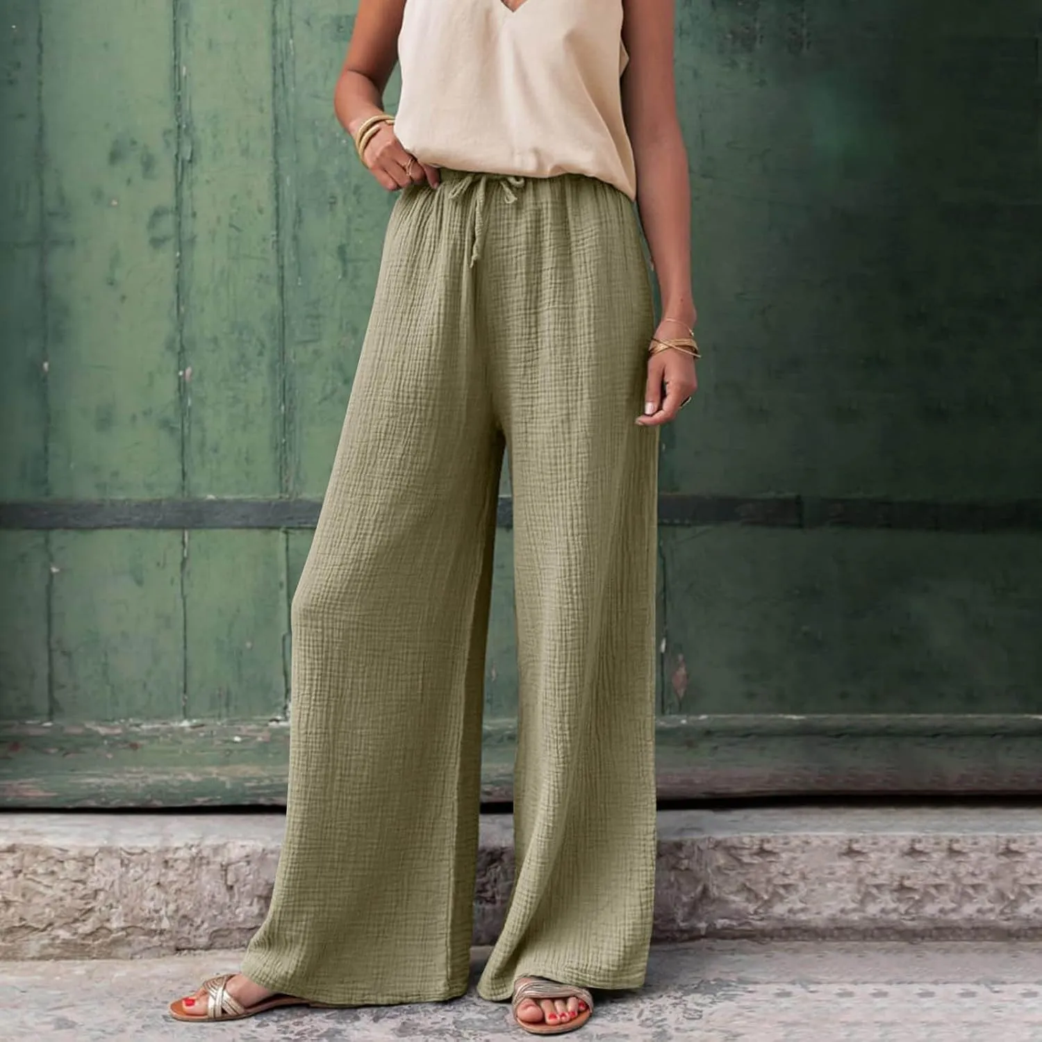 Womens Cotton Linen Pants High Waisted Drawstring Wide Leg Trousers with Pockets Summer Casual Loose Pants for Women