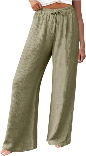 Womens Cotton Linen Pants High Waisted Drawstring Wide Leg Trousers with Pockets Summer Casual Loose Pants for Women