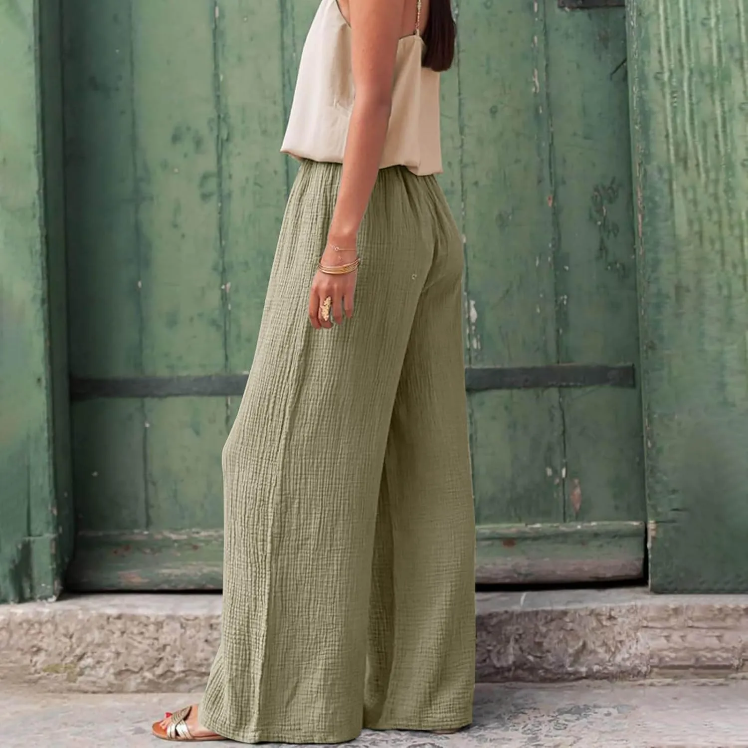 Womens Cotton Linen Pants High Waisted Drawstring Wide Leg Trousers with Pockets Summer Casual Loose Pants for Women