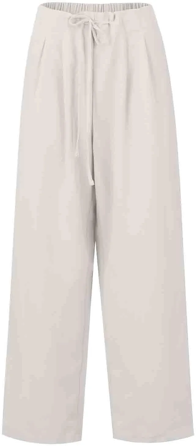 Women's Cotton Linen Pants Summer Drawstring High Waist baggt Wide Leg Pants Casual Loose Trousers with Pockets