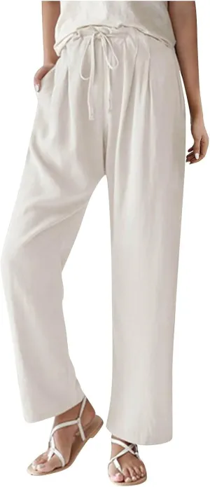 Women's Cotton Linen Pants Summer Drawstring High Waist baggt Wide Leg Pants Casual Loose Trousers with Pockets