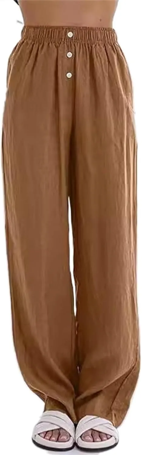 Womens Cotton Linen Pants Wide Leg High Waist Button Trousers Summer Casual Loose Straight Leg Pants for Women