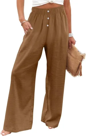 Womens Cotton Linen Pants Wide Leg High Waist Button Trousers Summer Casual Loose Straight Leg Pants for Women