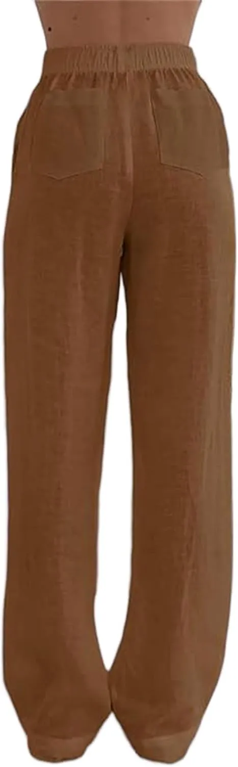 Womens Cotton Linen Pants Wide Leg High Waist Button Trousers Summer Casual Loose Straight Leg Pants for Women