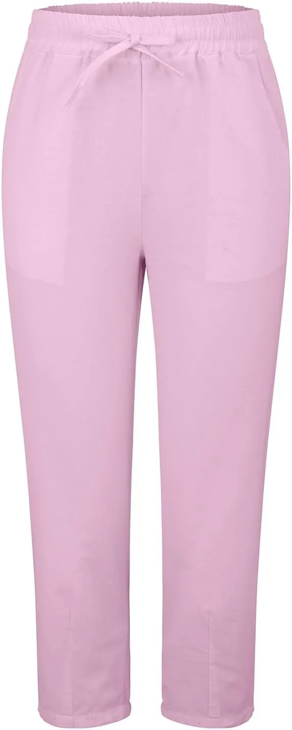 Womens Cotton Linen Straight Leg Pants Elastic Waist Drawstring Casual Trousers with Pockets Summer Beach Lounge Pant