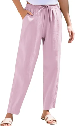 Womens Cotton Linen Straight Leg Pants Elastic Waist Drawstring Casual Trousers with Pockets Summer Beach Lounge Pant
