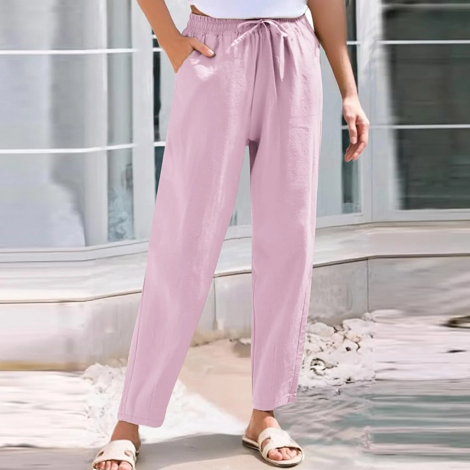 Womens Cotton Linen Straight Leg Pants Elastic Waist Drawstring Casual Trousers with Pockets Summer Beach Lounge Pant