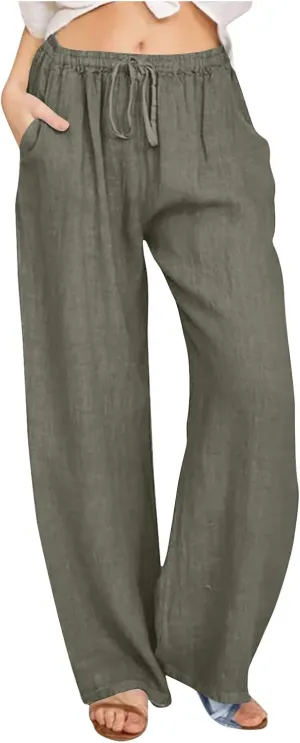 Womens Cotton Linen Wide Leg Pants Dressy Casual Summer Elastic Waist Lounge Trousers Trendy Beach Vacation Outfits