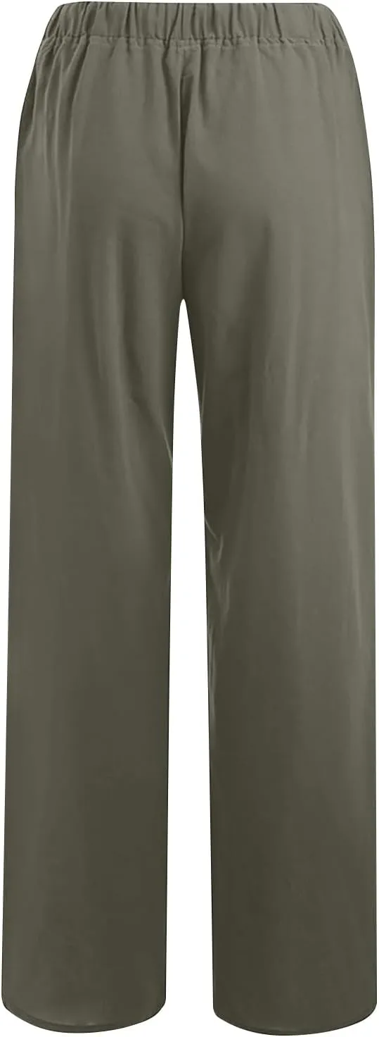 Womens Cotton Linen Wide Leg Pants Dressy Casual Summer Elastic Waist Lounge Trousers Trendy Beach Vacation Outfits