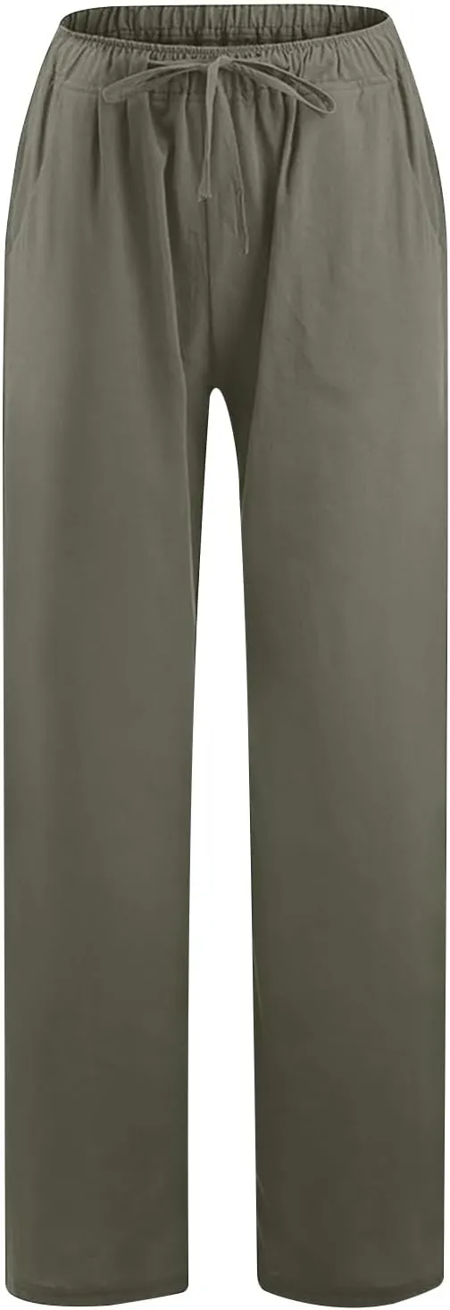 Womens Cotton Linen Wide Leg Pants Dressy Casual Summer Elastic Waist Lounge Trousers Trendy Beach Vacation Outfits