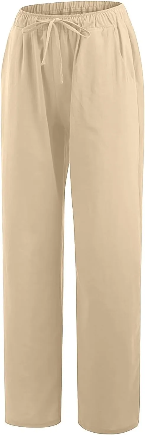 Womens Cotton Linen Wide Leg Pants Dressy Casual Summer Elastic Waist Lounge Trousers Trendy Beach Vacation Outfits
