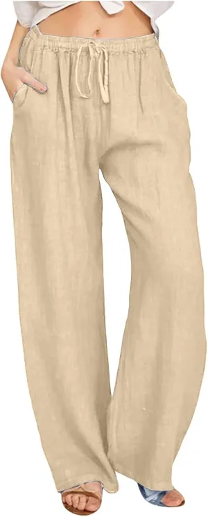 Womens Cotton Linen Wide Leg Pants Dressy Casual Summer Elastic Waist Lounge Trousers Trendy Beach Vacation Outfits