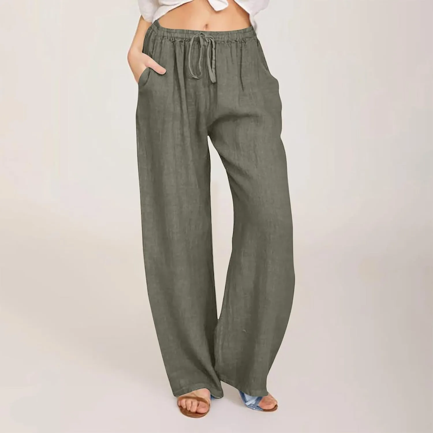 Womens Cotton Linen Wide Leg Pants Dressy Casual Summer Elastic Waist Lounge Trousers Trendy Beach Vacation Outfits
