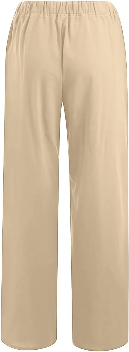 Womens Cotton Linen Wide Leg Pants Dressy Casual Summer Elastic Waist Lounge Trousers Trendy Beach Vacation Outfits