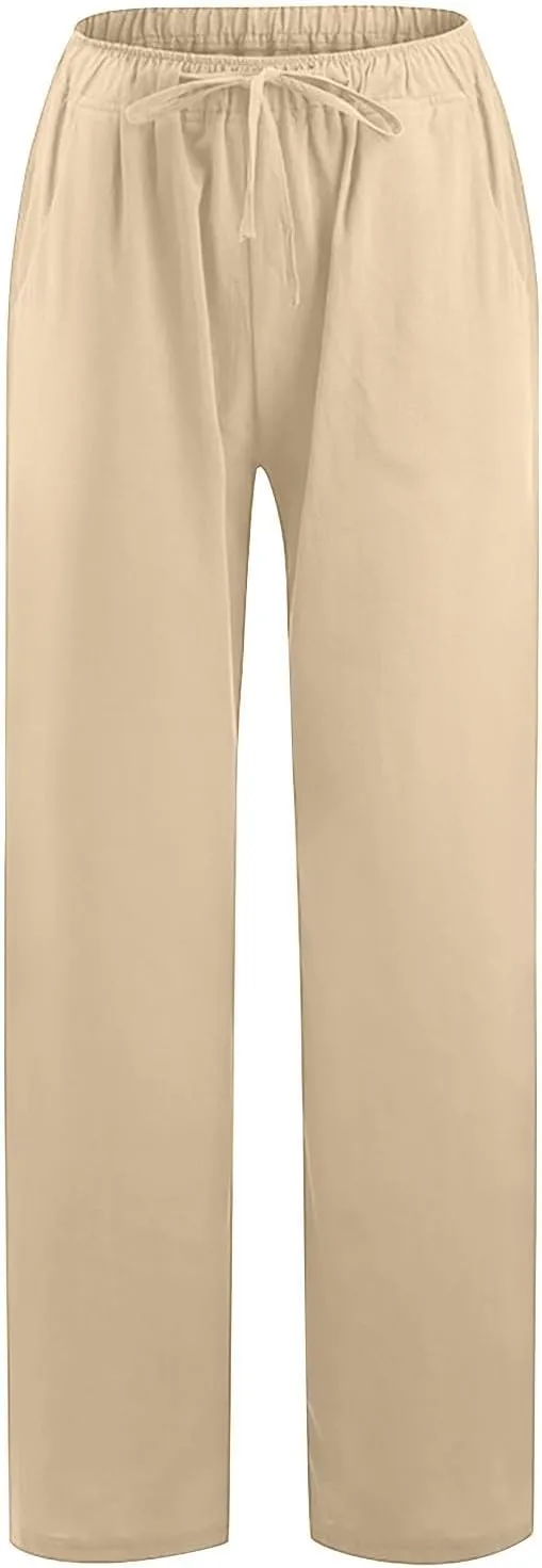 Womens Cotton Linen Wide Leg Pants Dressy Casual Summer Elastic Waist Lounge Trousers Trendy Beach Vacation Outfits