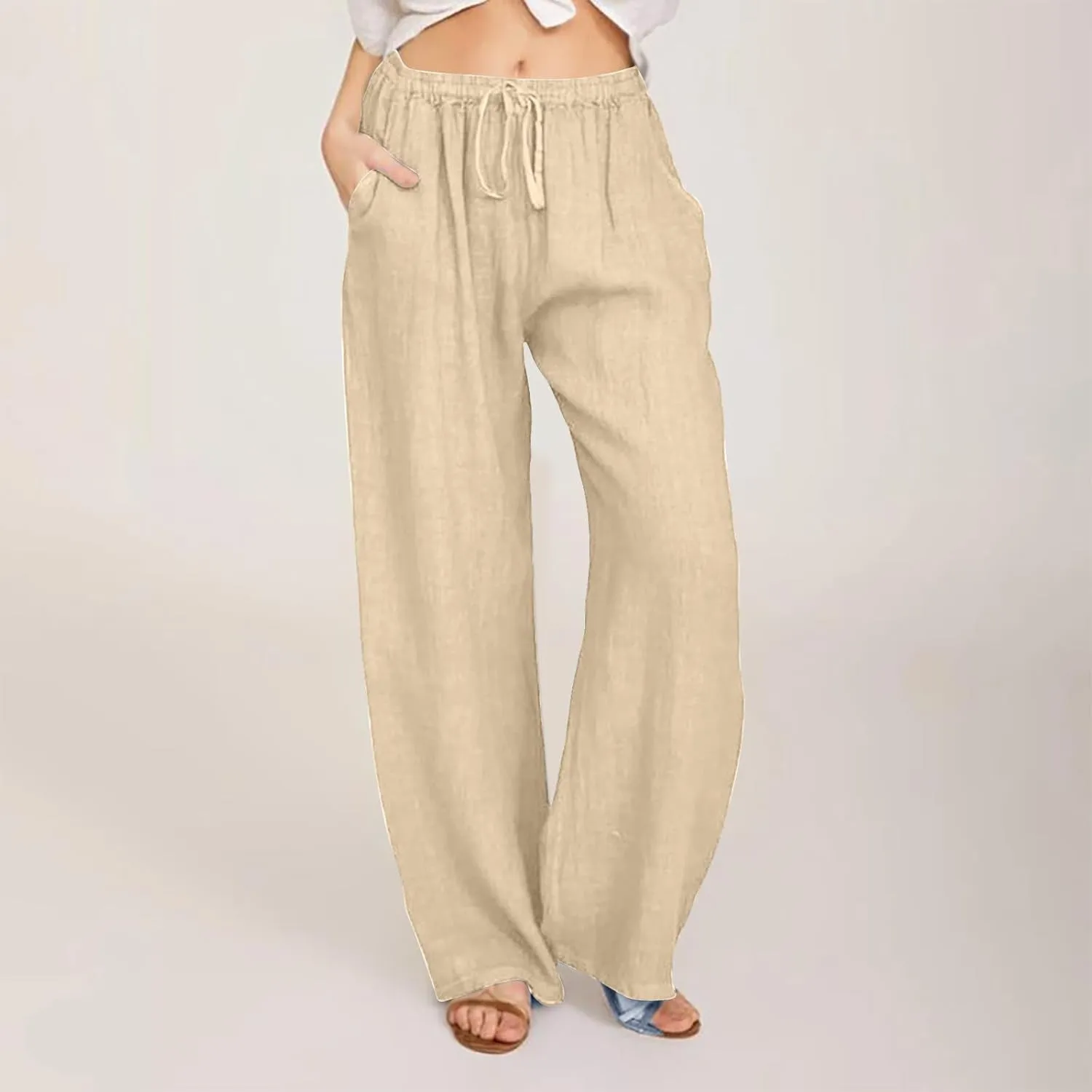 Womens Cotton Linen Wide Leg Pants Dressy Casual Summer Elastic Waist Lounge Trousers Trendy Beach Vacation Outfits
