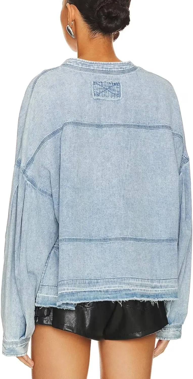 Women's Denim Pullover Deep V Neck Long Sleeve Raw Hem Loose Fit Casual Jean Tops