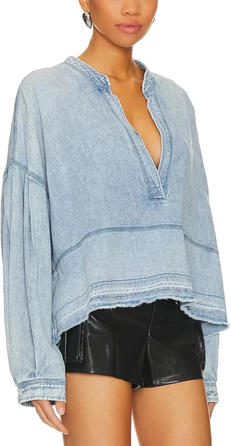Women's Denim Pullover Deep V Neck Long Sleeve Raw Hem Loose Fit Casual Jean Tops