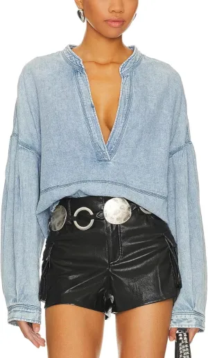 Women's Denim Pullover Deep V Neck Long Sleeve Raw Hem Loose Fit Casual Jean Tops