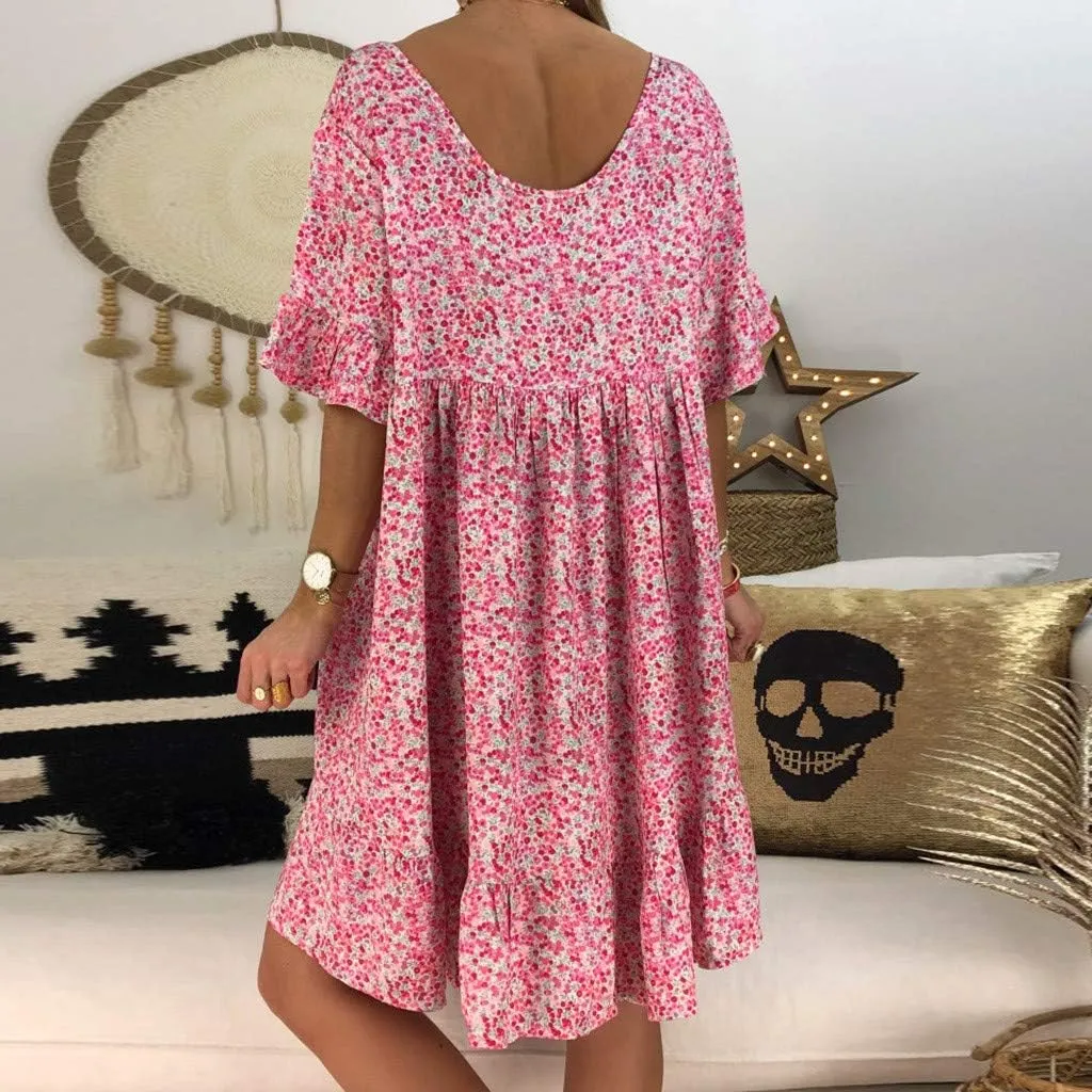 Womens Dresses Formal Occasion Women's Ladies Sexy Loose Print Hlaf Sleeve Ruffles Mini Dress Summer Dress