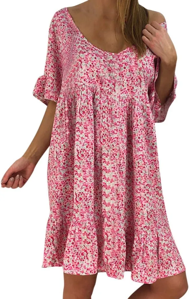 Womens Dresses Formal Occasion Women's Ladies Sexy Loose Print Hlaf Sleeve Ruffles Mini Dress Summer Dress