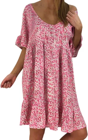 Womens Dresses Formal Occasion Women's Ladies Sexy Loose Print Hlaf Sleeve Ruffles Mini Dress Summer Dress
