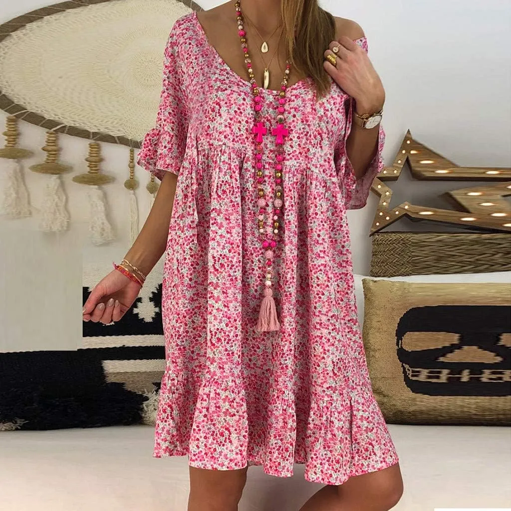 Womens Dresses Formal Occasion Women's Ladies Sexy Loose Print Hlaf Sleeve Ruffles Mini Dress Summer Dress