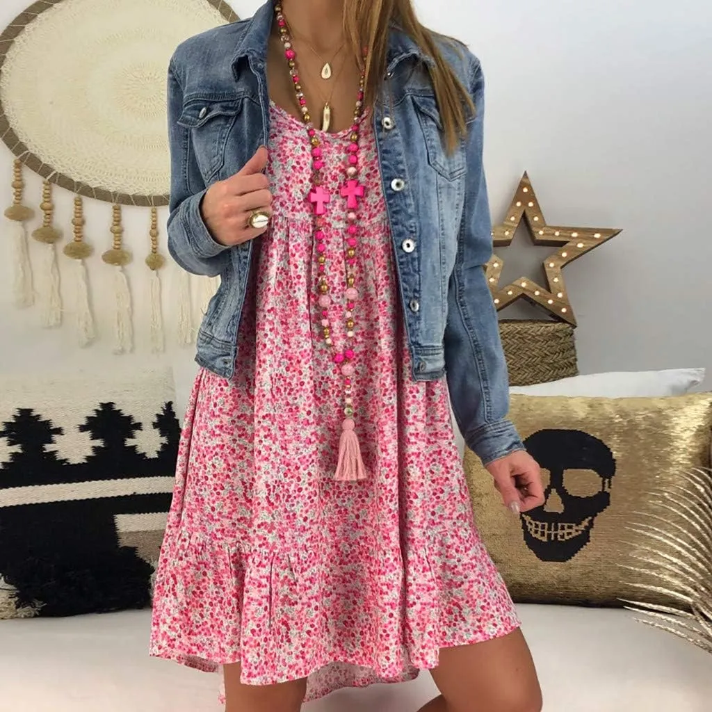 Womens Dresses Formal Occasion Women's Ladies Sexy Loose Print Hlaf Sleeve Ruffles Mini Dress Summer Dress