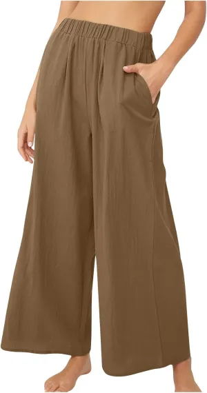Womens High Waist Wide Leg Pants Casual Summer Elastic Waist Loose Comfy Flowy Lounge Pant Trouser with Pockets