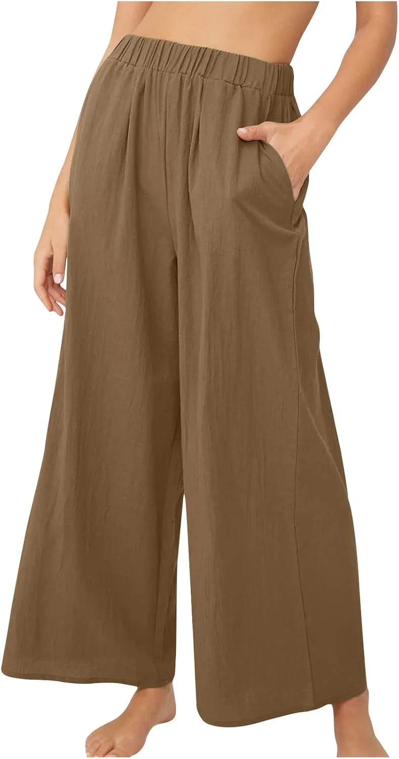Womens High Waist Wide Leg Pants Casual Summer Elastic Waist Loose Comfy Flowy Lounge Pant Trouser with Pockets