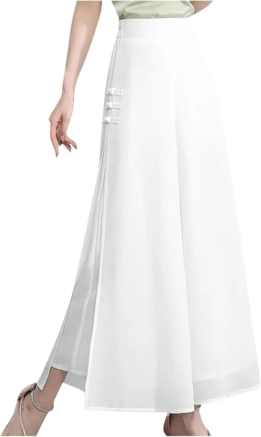 Womens High Waist Wide Leg Trousers Chiffon Palazzo Pants Elastic Waist Culott Dresses Business Pants