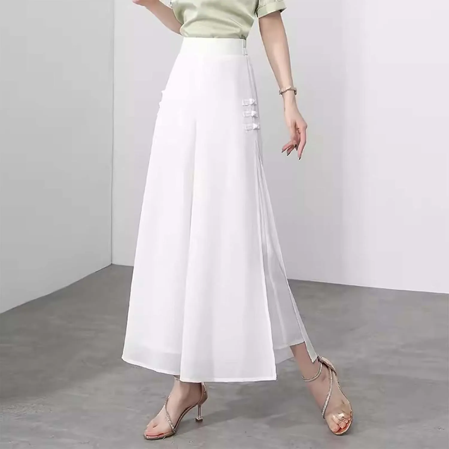 Womens High Waist Wide Leg Trousers Chiffon Palazzo Pants Elastic Waist Culott Dresses Business Pants