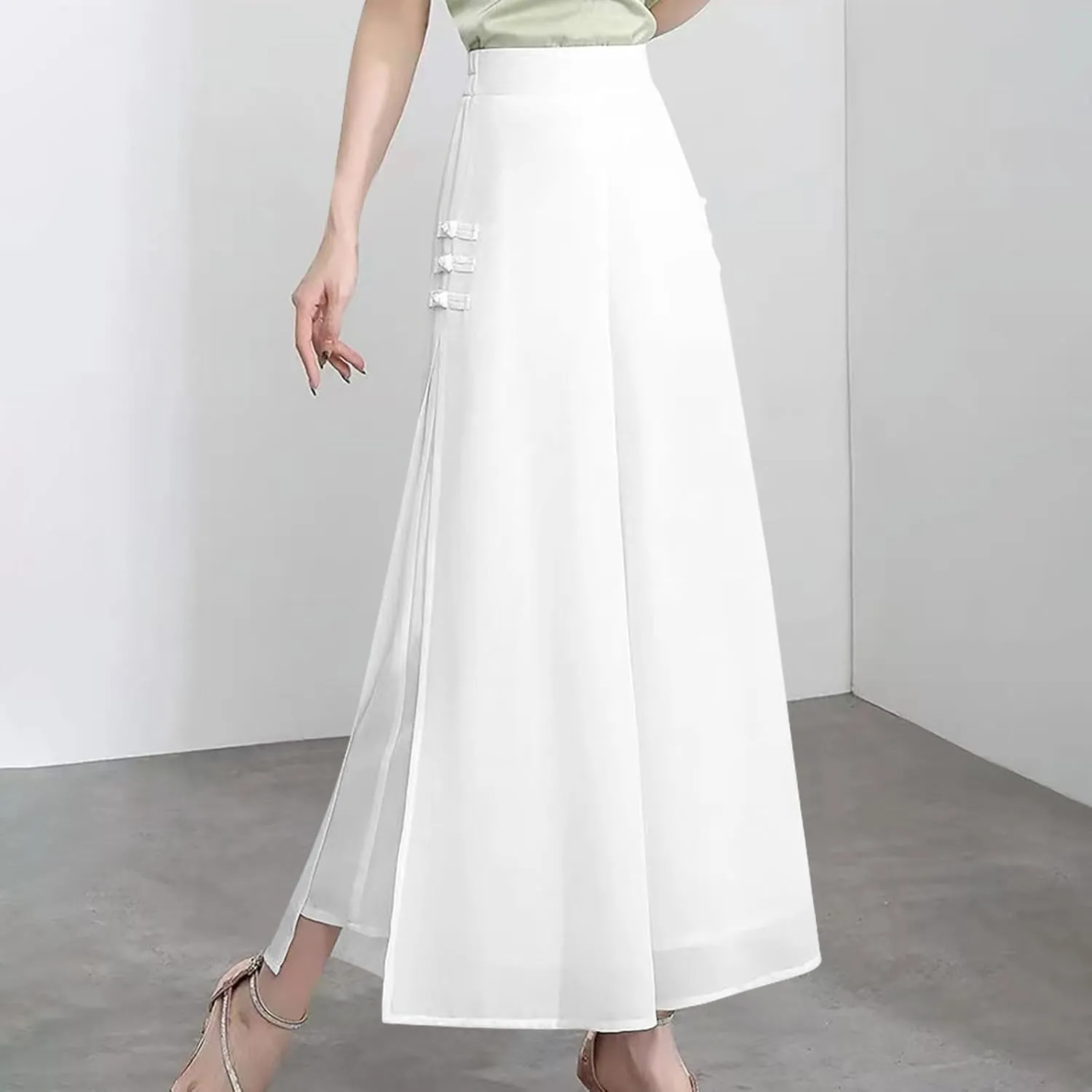 Womens High Waist Wide Leg Trousers Chiffon Palazzo Pants Elastic Waist Culott Dresses Business Pants