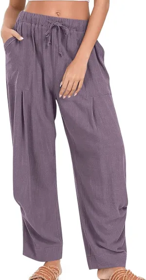 Womens Linen Baggy Harem Pants Summer Drawstring Casual Lounge Trouser 2025 Beach Travel Vacation Clothes with Pocket