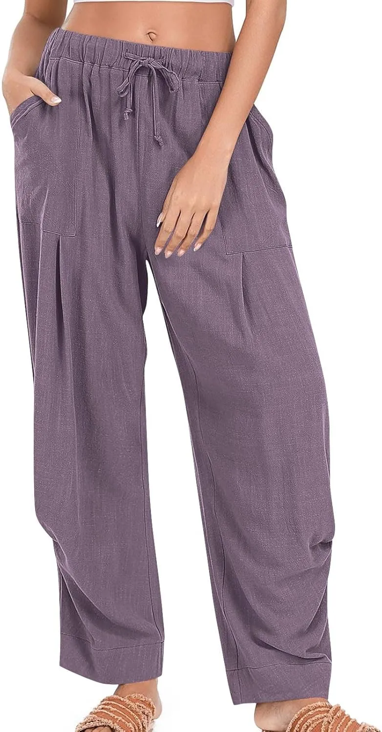 Womens Linen Baggy Harem Pants Summer Drawstring Casual Lounge Trouser 2025 Beach Travel Vacation Clothes with Pocket
