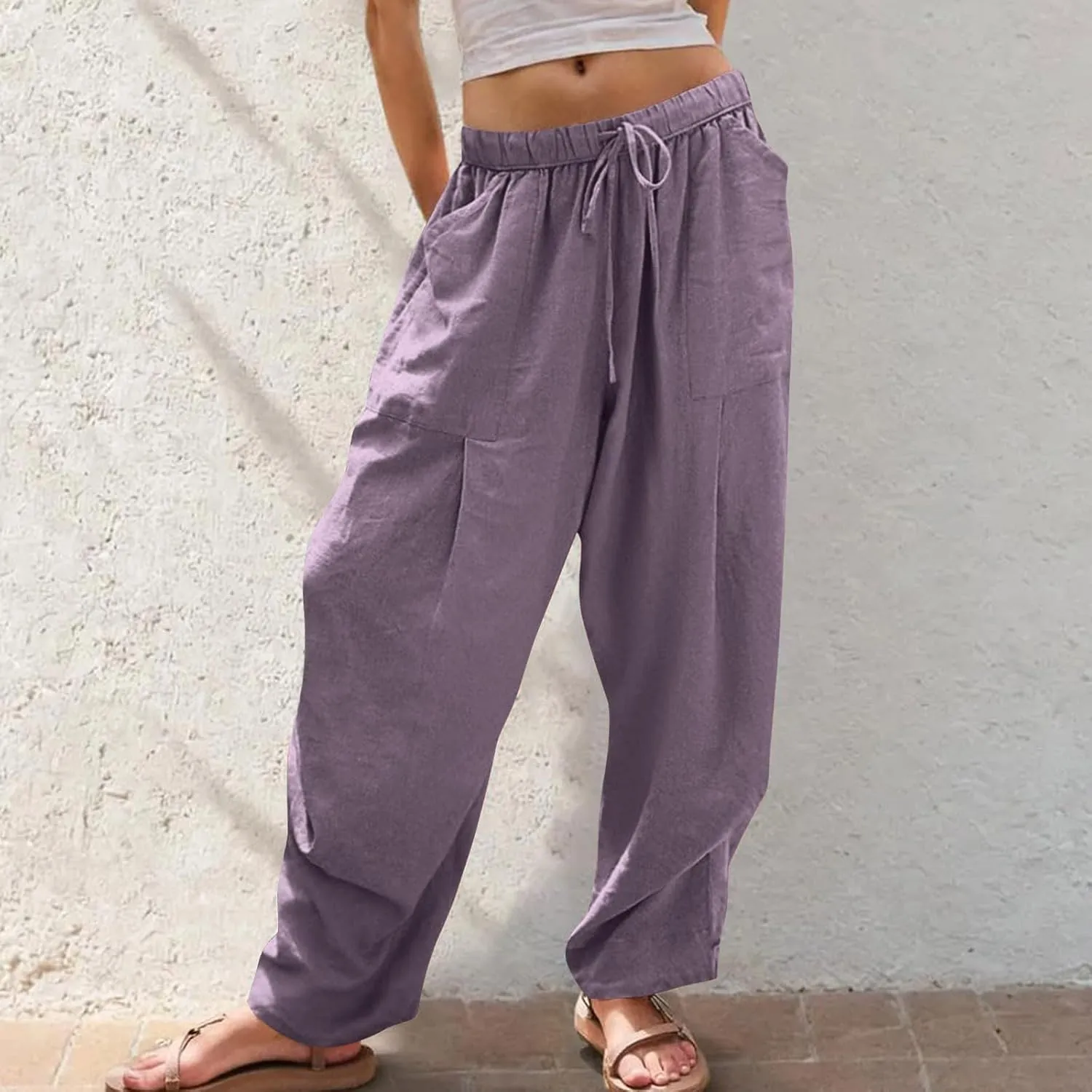 Womens Linen Baggy Harem Pants Summer Drawstring Casual Lounge Trouser 2025 Beach Travel Vacation Clothes with Pocket
