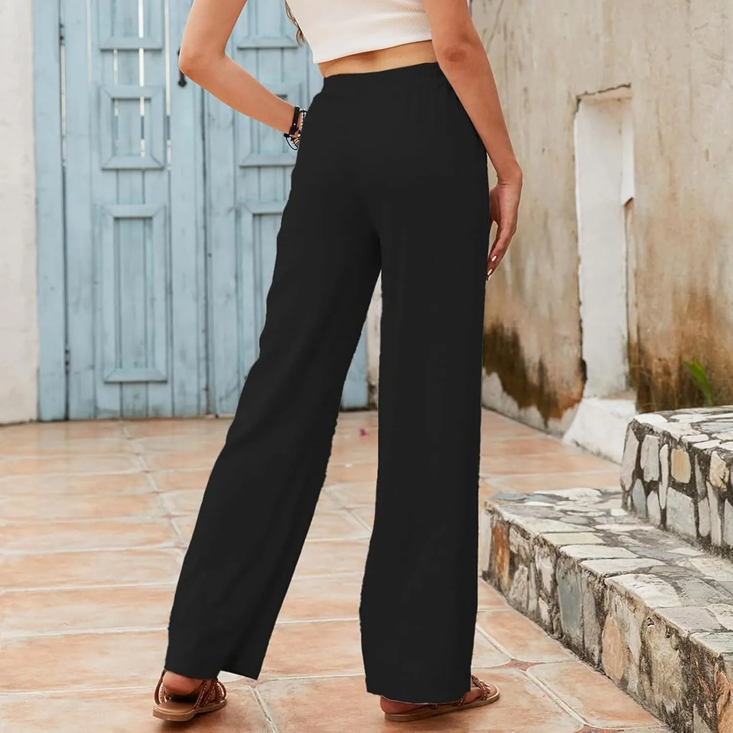 Women's Linen Blend Summer Y2K Fashion Pants Low Waist Wide Leg Slim Fit Trouser Work Business