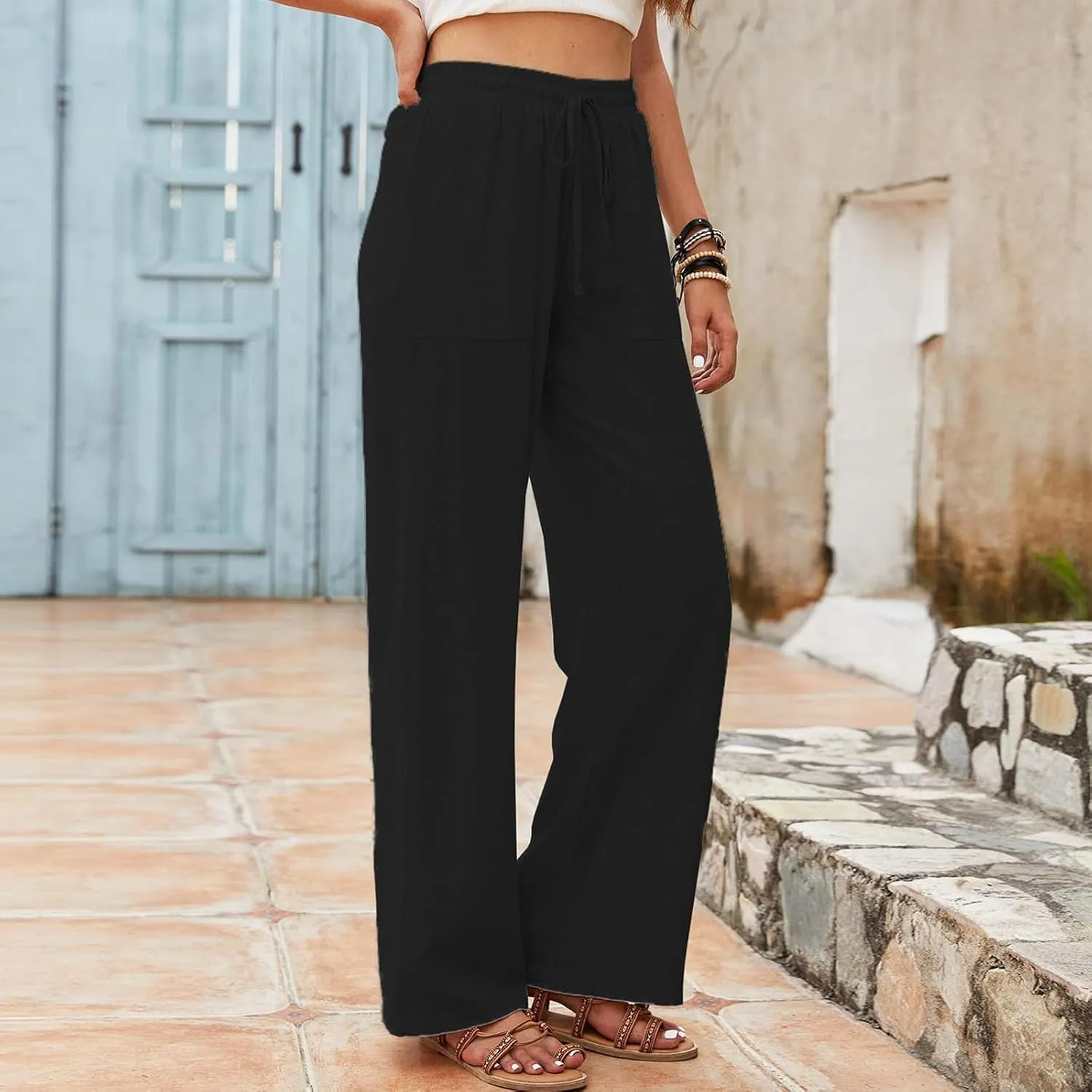 Women's Linen Blend Summer Y2K Fashion Pants Low Waist Wide Leg Slim Fit Trouser Work Business