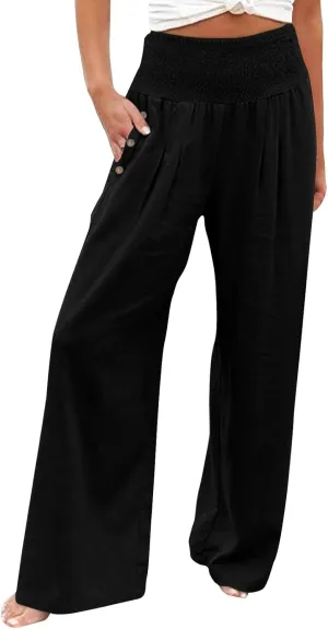 Womens Linen Pants 2025 Casual Loose Wide Leg Palazzo Pants Tummy Control High Waist Flowy Trousers with Pockets