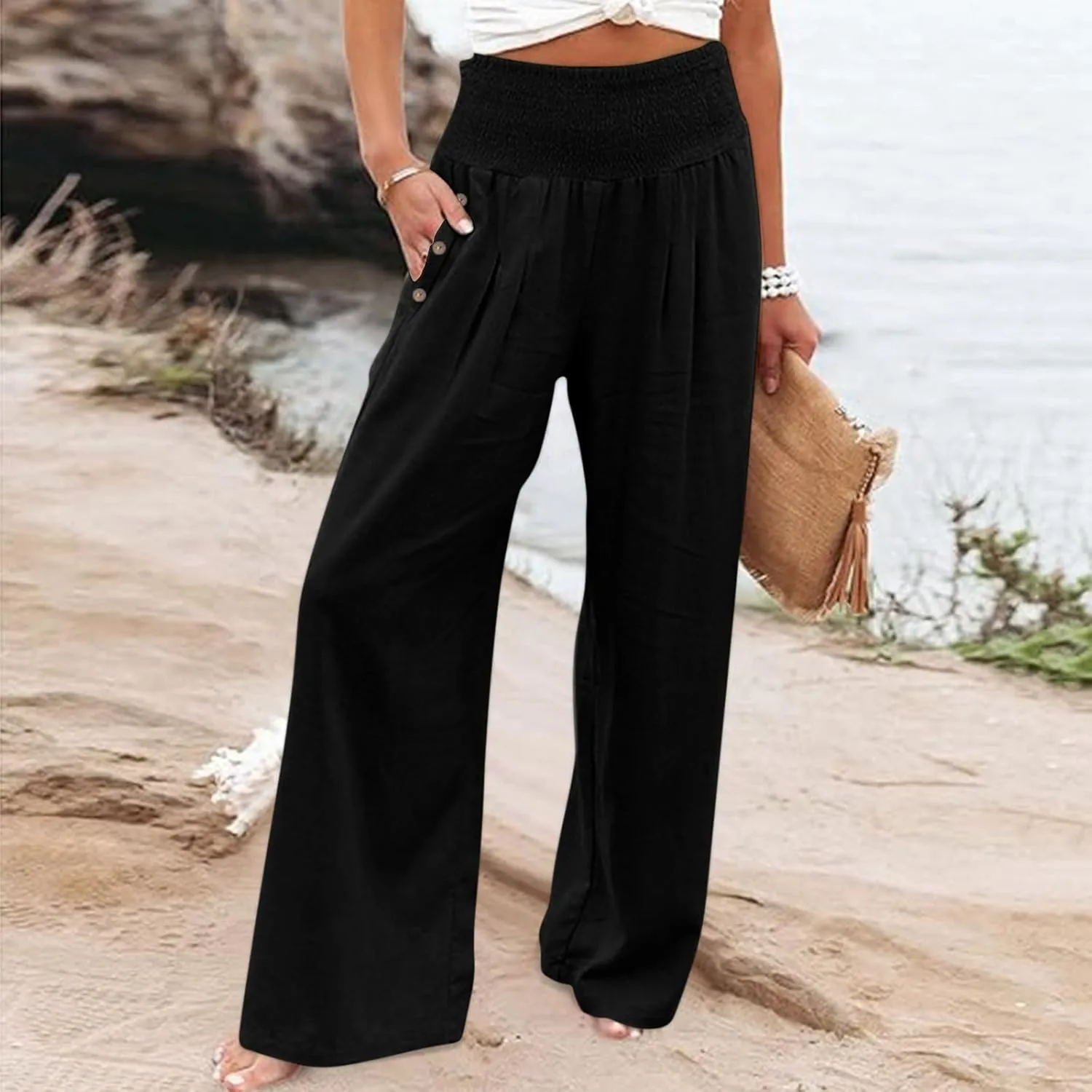 Womens Linen Pants 2025 Casual Loose Wide Leg Palazzo Pants Tummy Control High Waist Flowy Trousers with Pockets