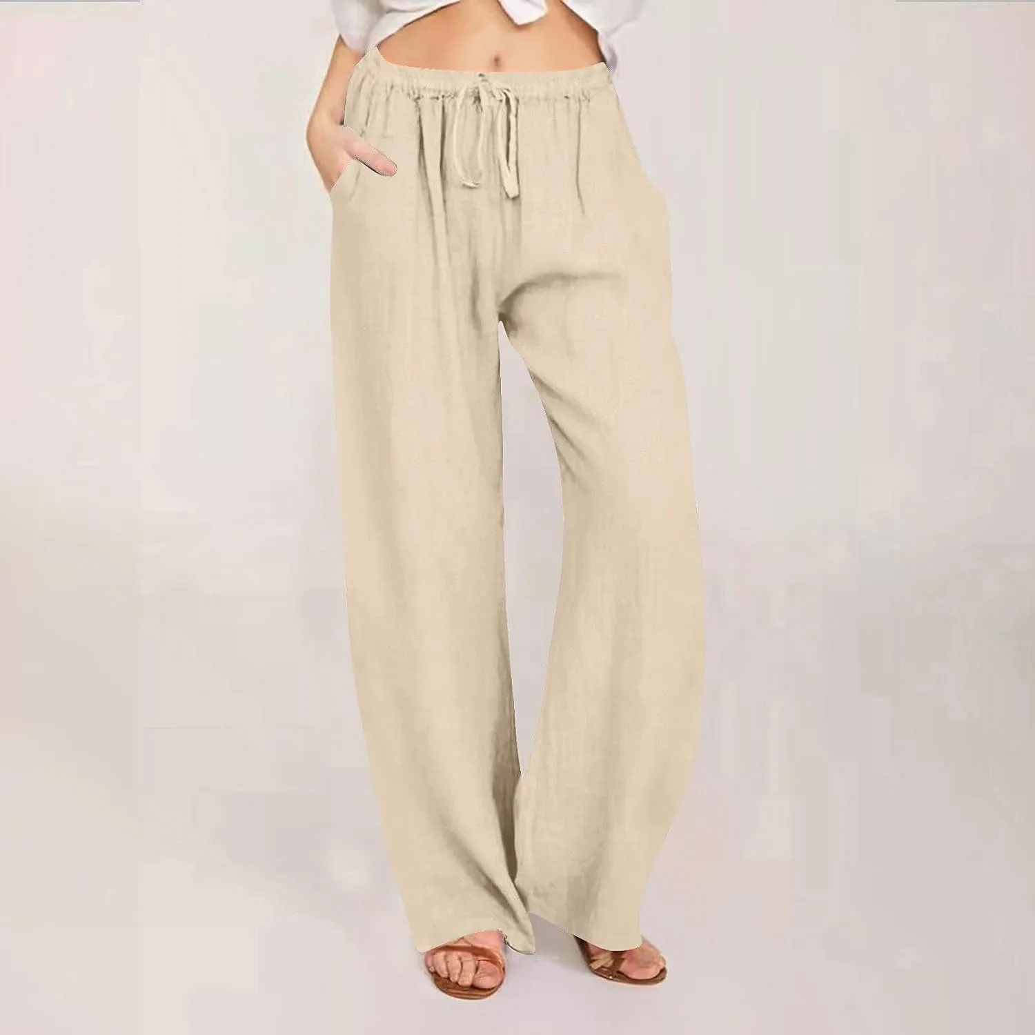 Womens Linen Pants Drawstring High Waist Casual Loose Fit Beach Pants Trendy Boho Straight Leg Trousers with Pockets