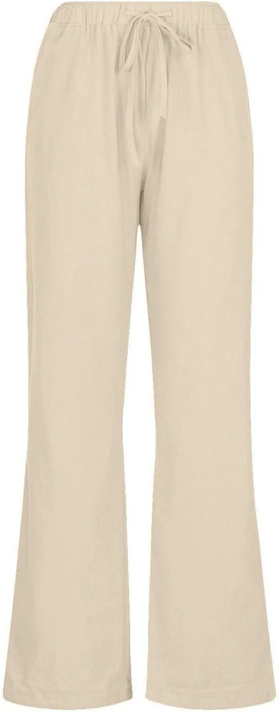 Womens Linen Pants Drawstring High Waist Casual Loose Fit Beach Pants Trendy Boho Straight Leg Trousers with Pockets