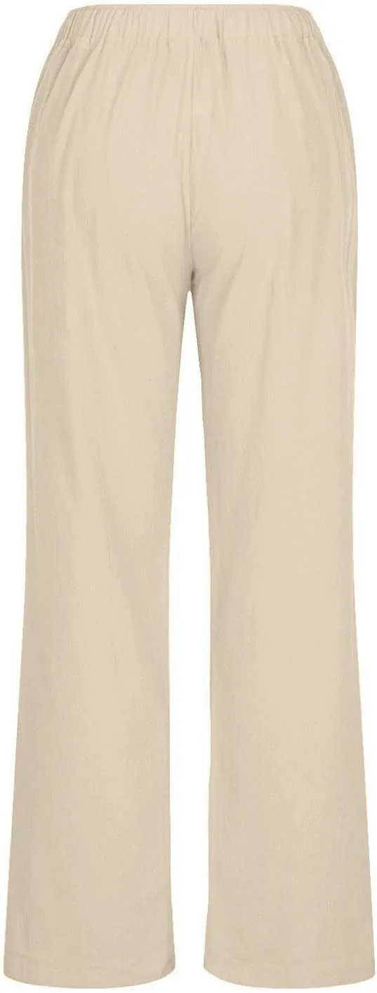 Womens Linen Pants Drawstring High Waist Casual Loose Fit Beach Pants Trendy Boho Straight Leg Trousers with Pockets