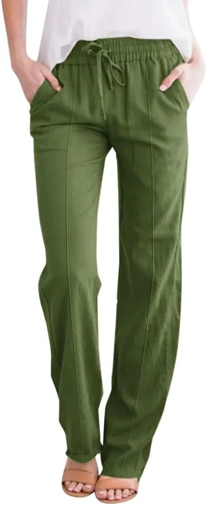 Women's Linen Pants Elastic High Waisted Straight Leg Trousers Pants Loose Fit Casual Summer Dress Pants with Pockets