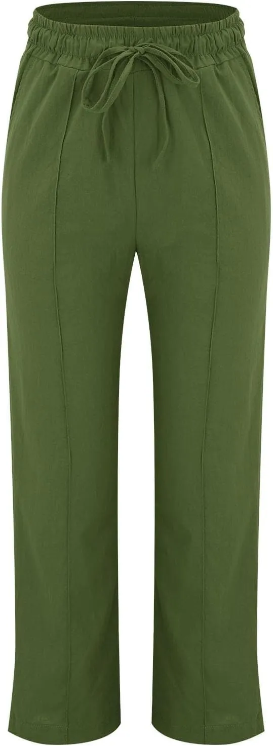Women's Linen Pants Elastic High Waisted Straight Leg Trousers Pants Loose Fit Casual Summer Dress Pants with Pockets