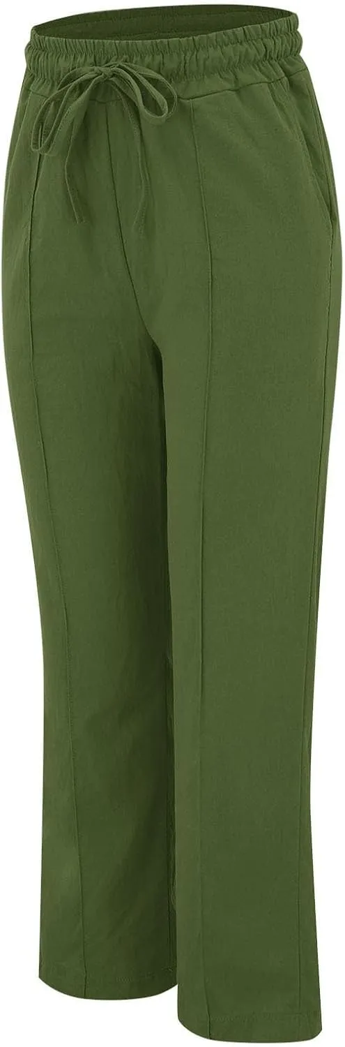 Women's Linen Pants Elastic High Waisted Straight Leg Trousers Pants Loose Fit Casual Summer Dress Pants with Pockets