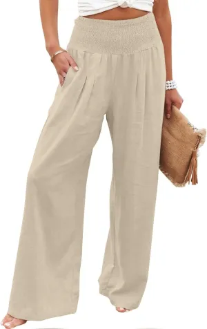 Womens Linen Pants Elastic High Waisted Wide Leg Palazzo Trousers Casual Loose Beach Vacation Clothes with Pockets